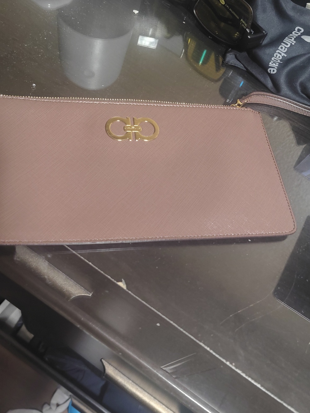 Logo-Accented Mauve Leather Wristlet Clutch